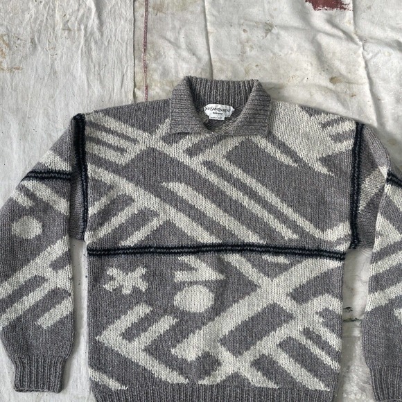 Vintage 80s 90s Yves Saint Laurent Handknit Collared Chunky Pullover Sweater - Picture 2 of 5